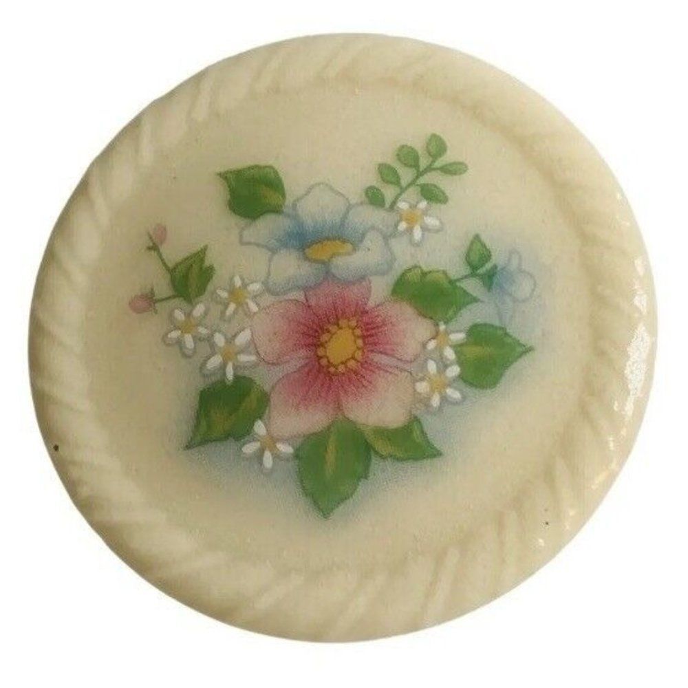 Vintage Avon Spring Bouquet Glazed Pink Flower Porcelain Plate Disk Brooch pin